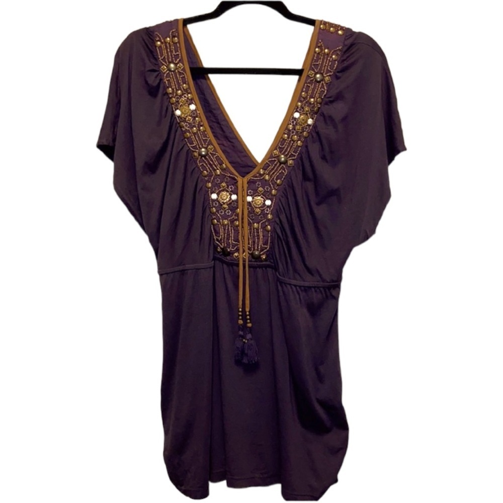 Francesca’s Deep Purple Deep V Front & Back Tassels Embellished Top 4071